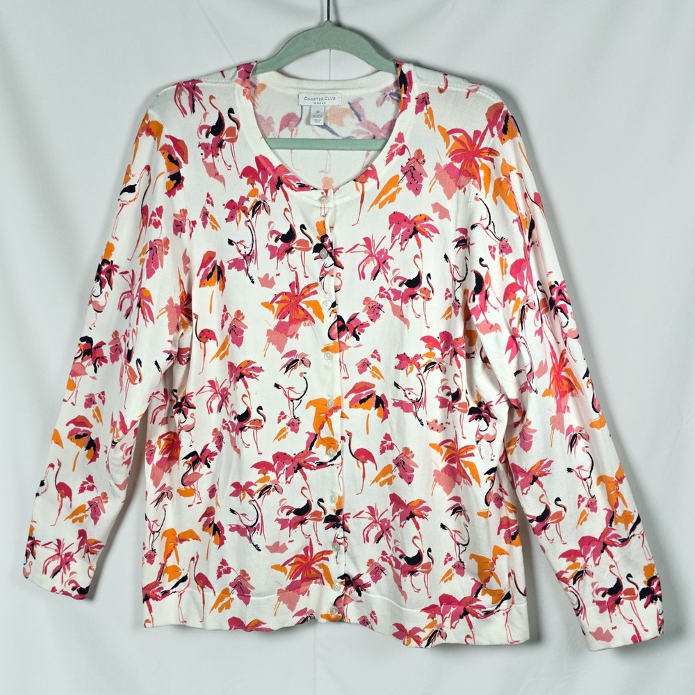 Charter Club Cardigan Sweater Woman 3X Flamingo Tropical Pink Orange‎ White Knit